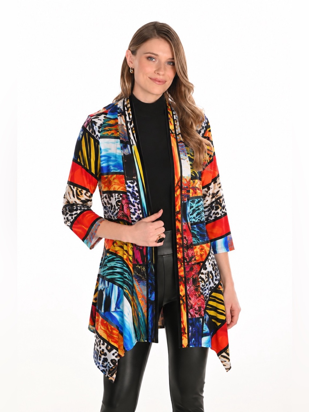 Frank Lyman Design Multicolor Patchwork Abstract Open Front Cardigan Size 6